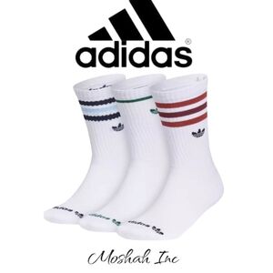 Adidas, 3Pk Roller, White Crew Socks W/Red, Green or Blue Stripes Size Mens 6-12